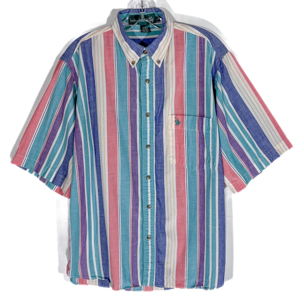 Vintage Knights of Round Table Button Up Shirt Striped Mens Medium Short Sleeve